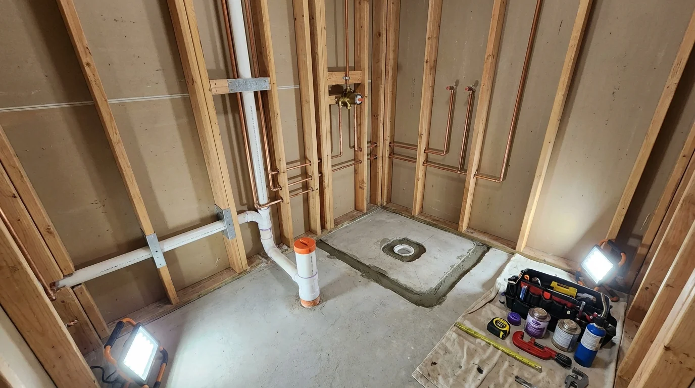 Bathroom rough-in plumbing during remodel by Johns Plumbing LLC in New Martinsville