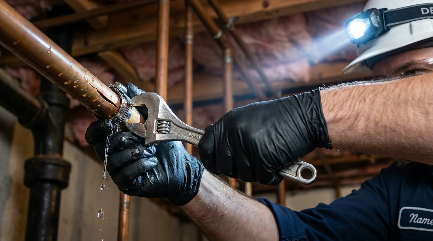 Emergency pipe clamp repair being performed by a Johns Plumbing LLC plumber in New Martinsville