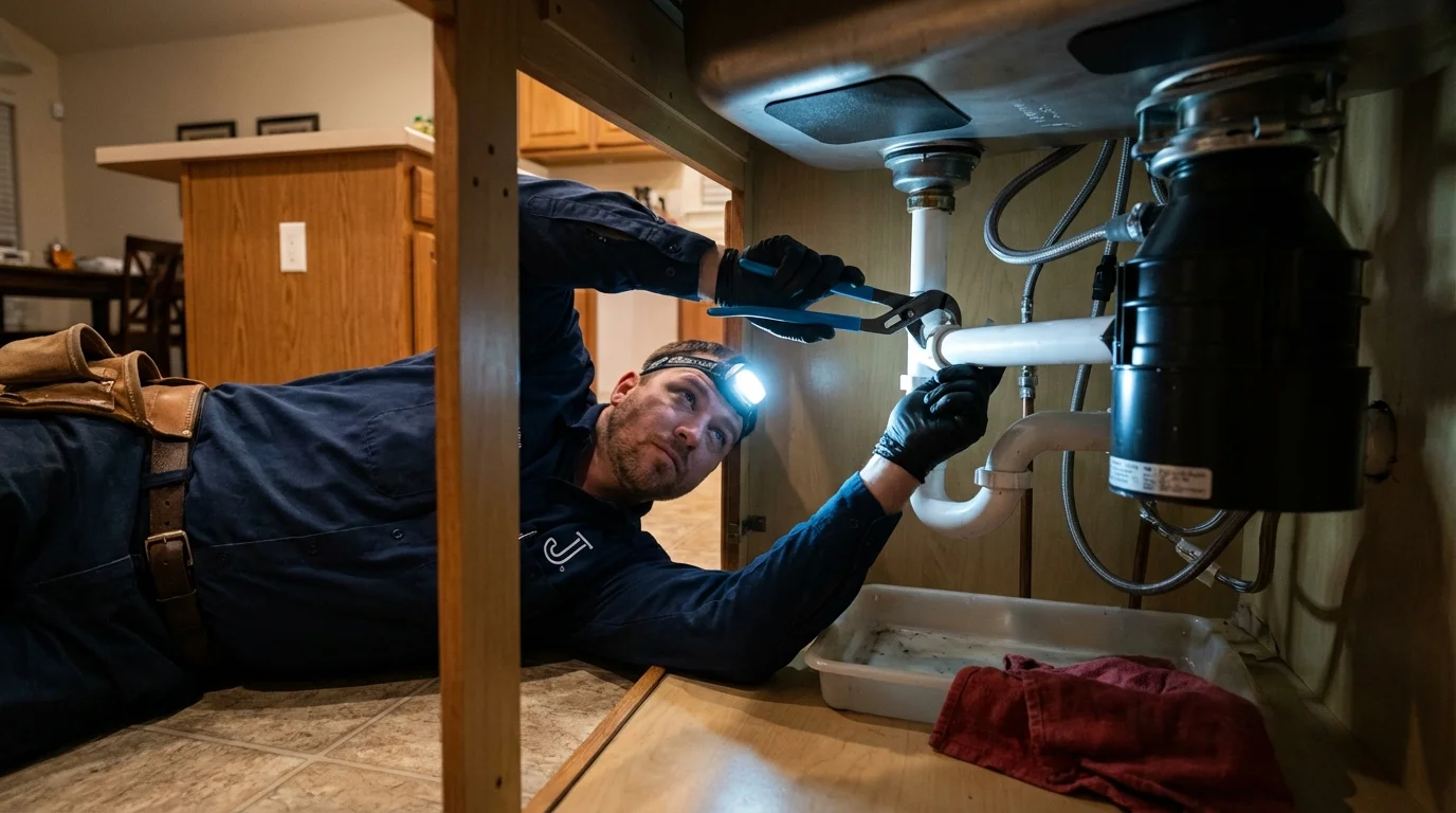 P-trap and supply line connections under a kitchen sink showing a common leak point in New Martinsville, WV